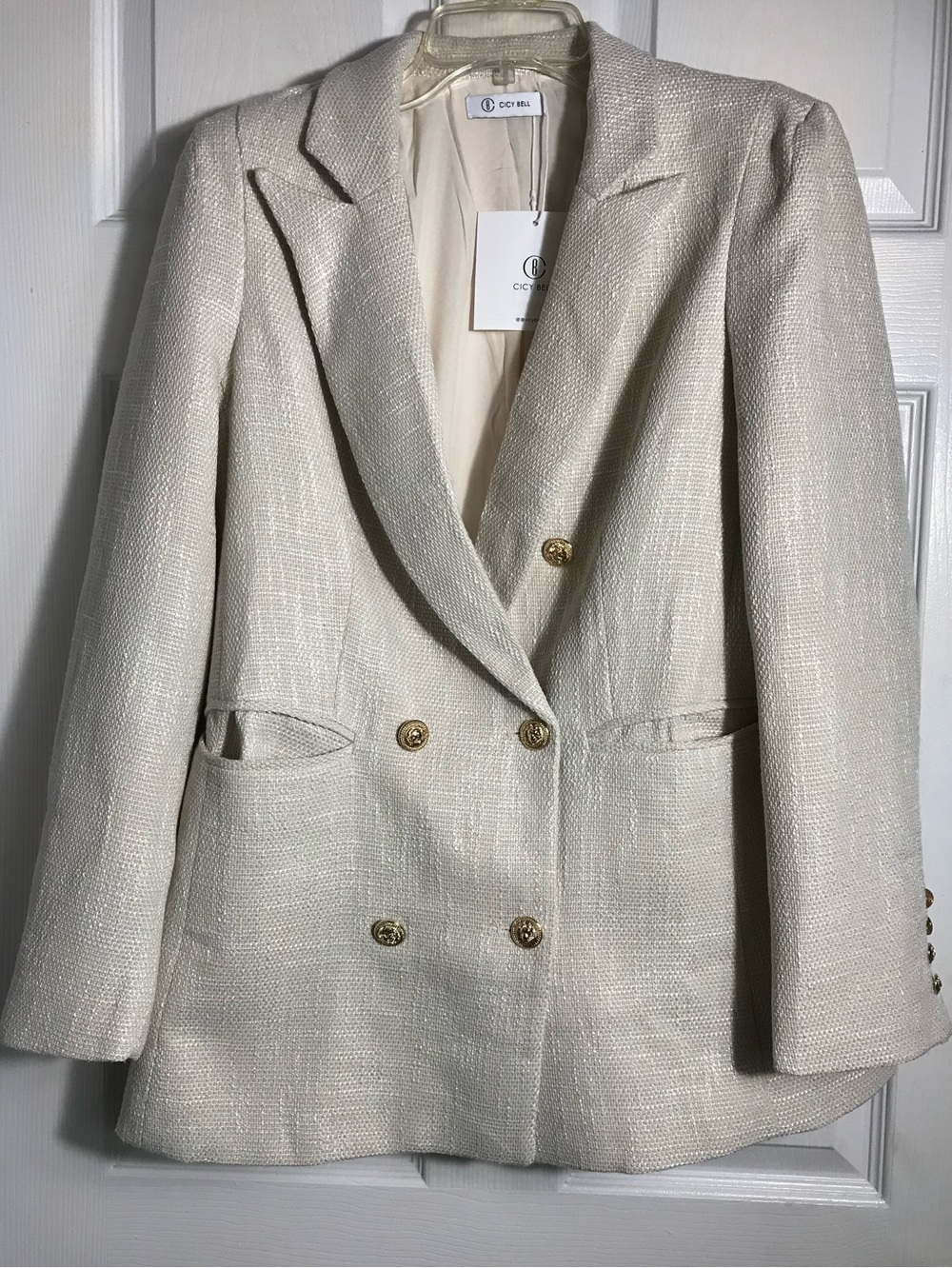 NWT City Bell Cream Double-Breasted Textured Blazer M - Picture 2 of 8